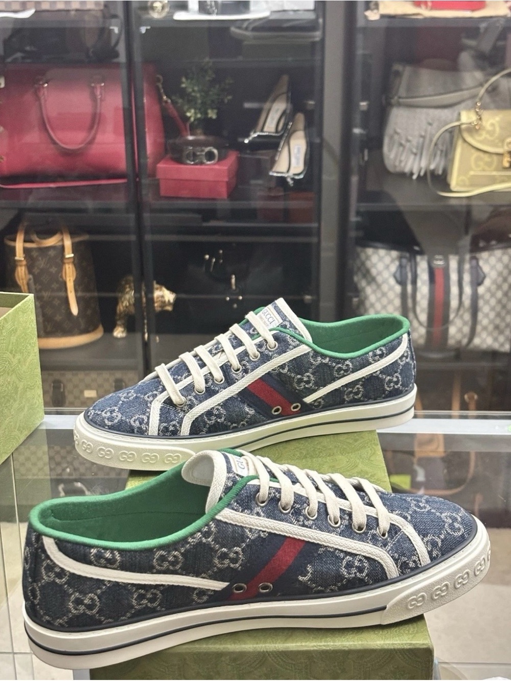 Gucci Tennis 1977 GG Denim Sneakers Blue Web Stripe Low Top Mens US 9. COA.